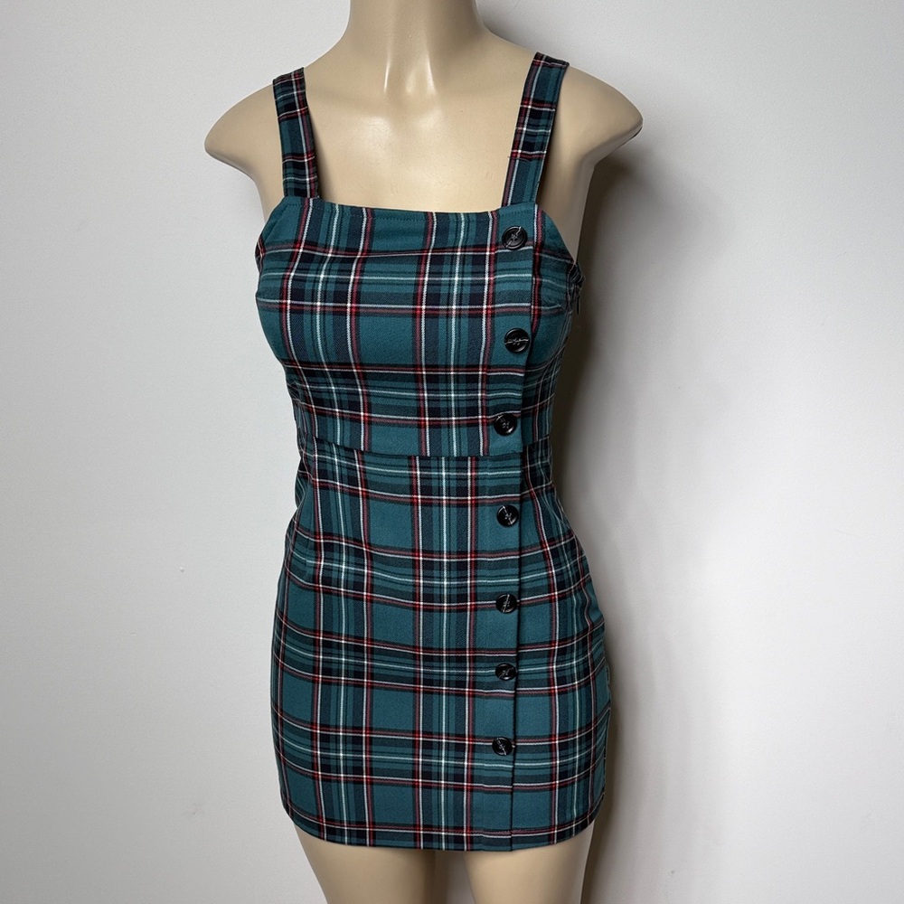 Chic green Plaid Buttoned Mini Dress